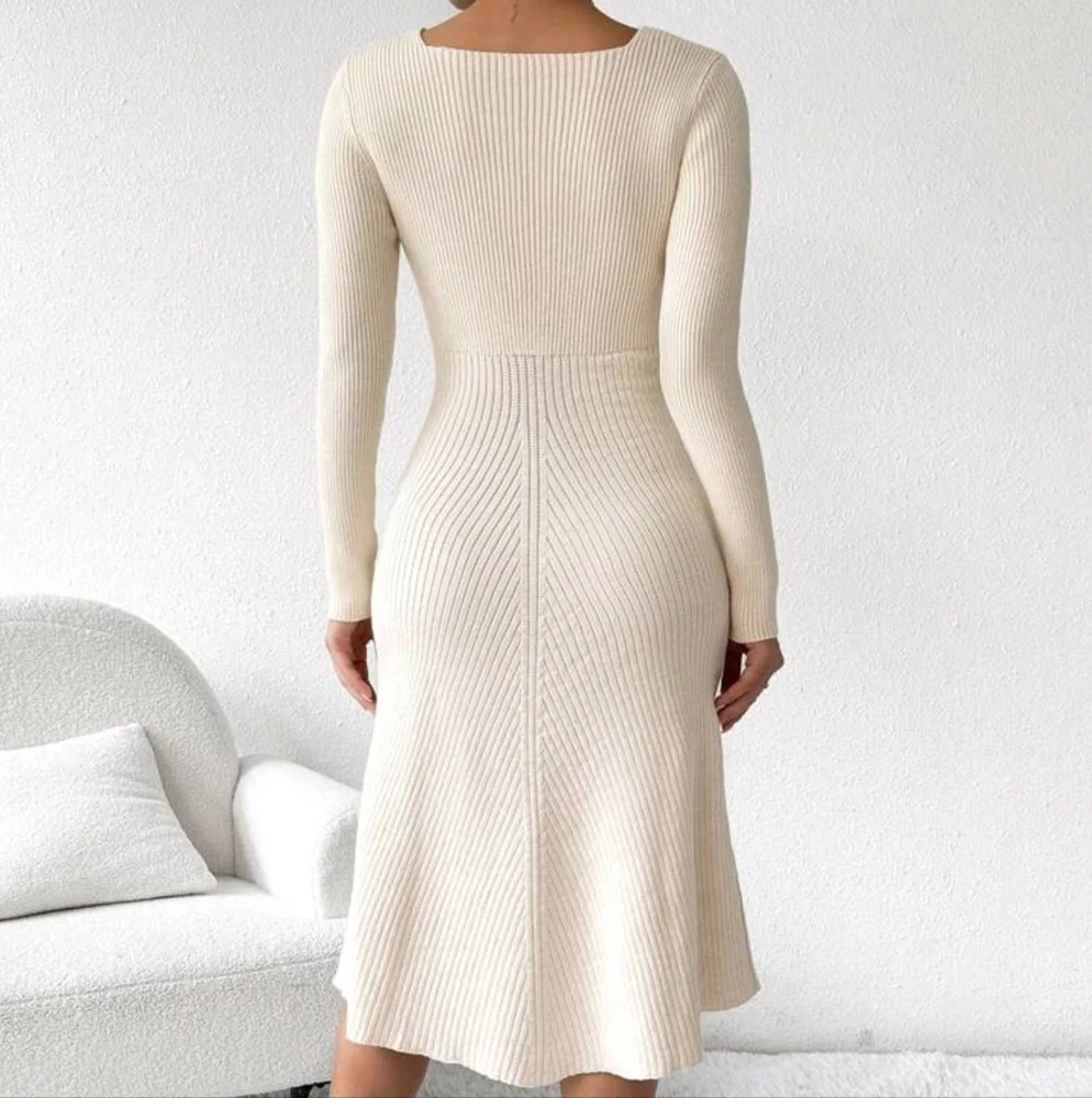 Solid Color Square Collar Ribbed Knit Casual Long Sleeve Dress - Picture 2 of 5